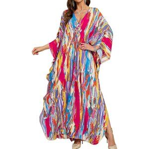 Women's Multicolour Tie-dye V-Neck Batwing Sleeves Summer Cover Up Kaftan Dress